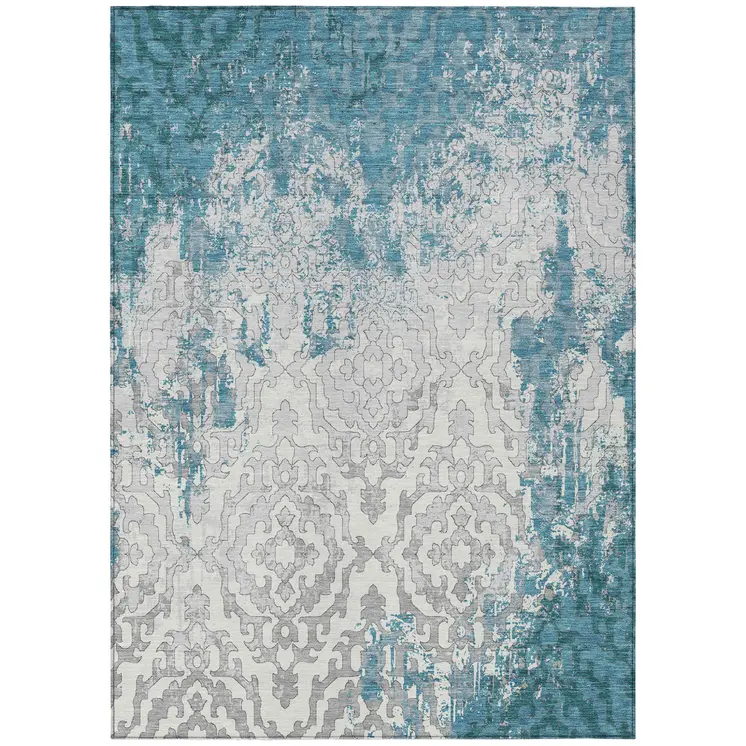 10' X 14' Teal Blue Gray And Ivory Medallion Washable Indoor Outdoor Area Rug