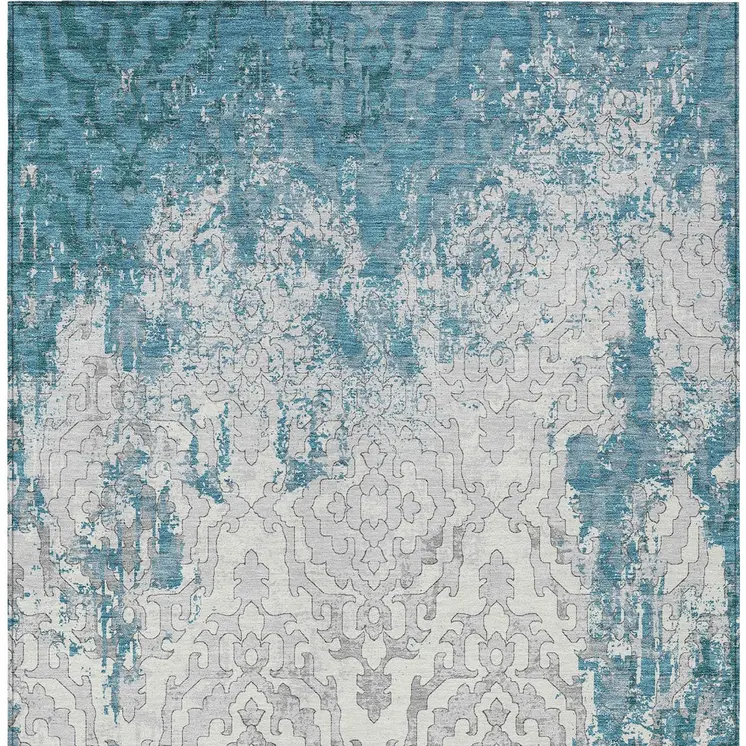 10' X 14' Teal Blue Gray And Ivory Medallion Washable Indoor Outdoor Area Rug