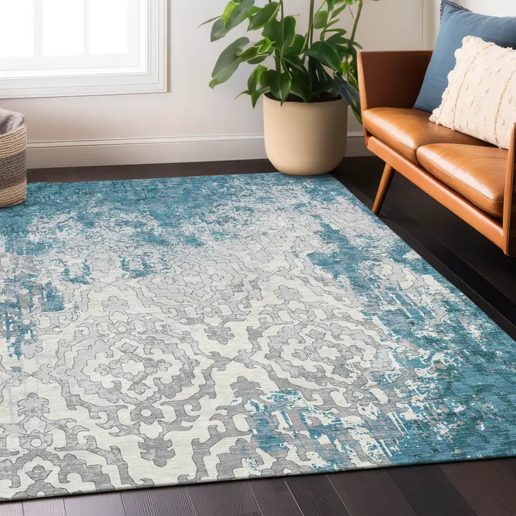 10' X 14' Teal Blue Gray And Ivory Medallion Washable Indoor Outdoor Area Rug