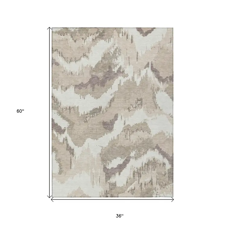 3' X 5' Beige Brown And Ivory Abstract Washable Indoor Outdoor Area Rug