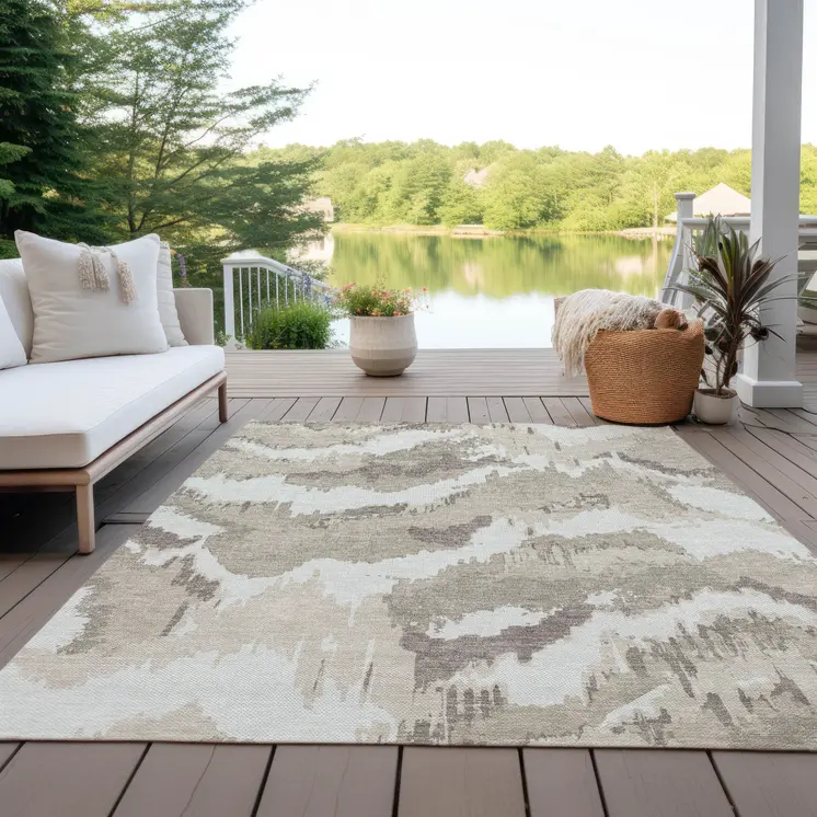 5' X 8' Beige Brown And Ivory Abstract Washable Indoor Outdoor Area Rug