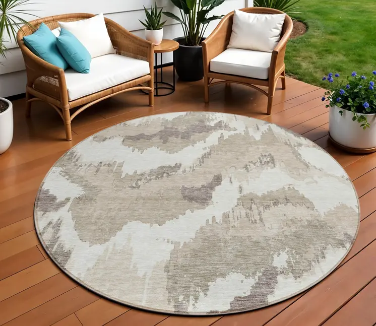 8' Beige Brown And Ivory Round Abstract Washable Indoor Outdoor Area Rug