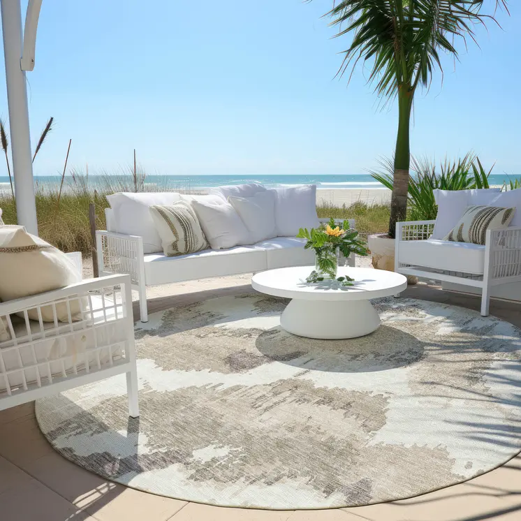 8' Beige Brown And Ivory Round Abstract Washable Indoor Outdoor Area Rug