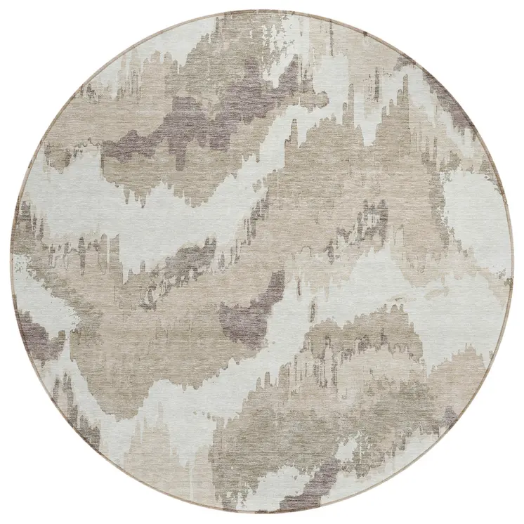 8' Beige Brown And Ivory Round Abstract Washable Indoor Outdoor Area Rug