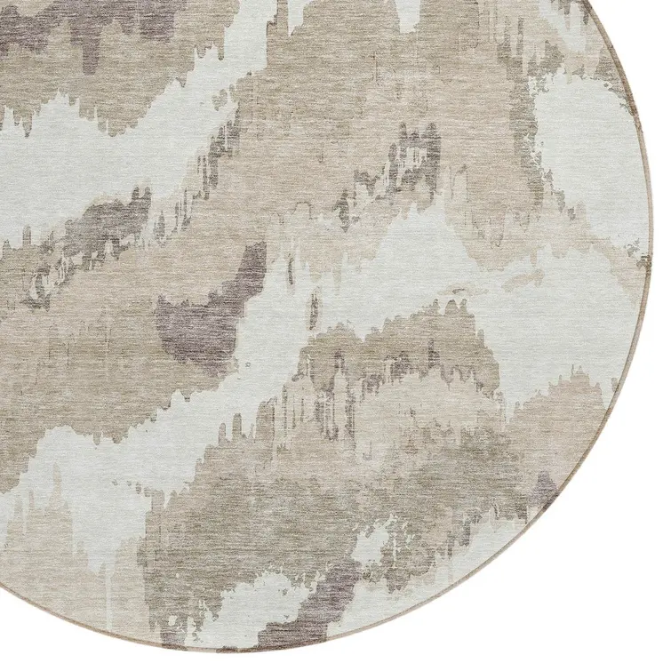 8' Beige Brown And Ivory Round Abstract Washable Indoor Outdoor Area Rug