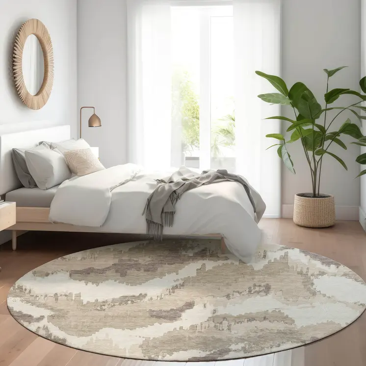 8' Beige Brown And Ivory Round Abstract Washable Indoor Outdoor Area Rug
