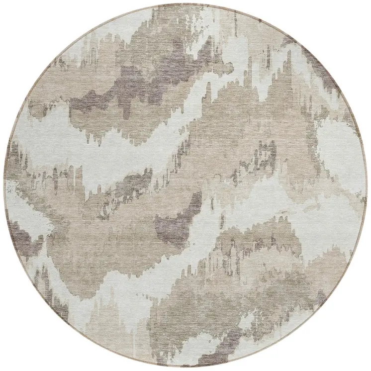 8' Beige Brown And Ivory Round Abstract Washable Indoor Outdoor Area Rug
