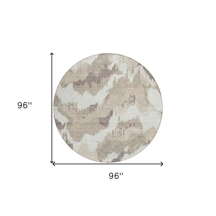 8' Beige Brown And Ivory Round Abstract Washable Indoor Outdoor Area Rug