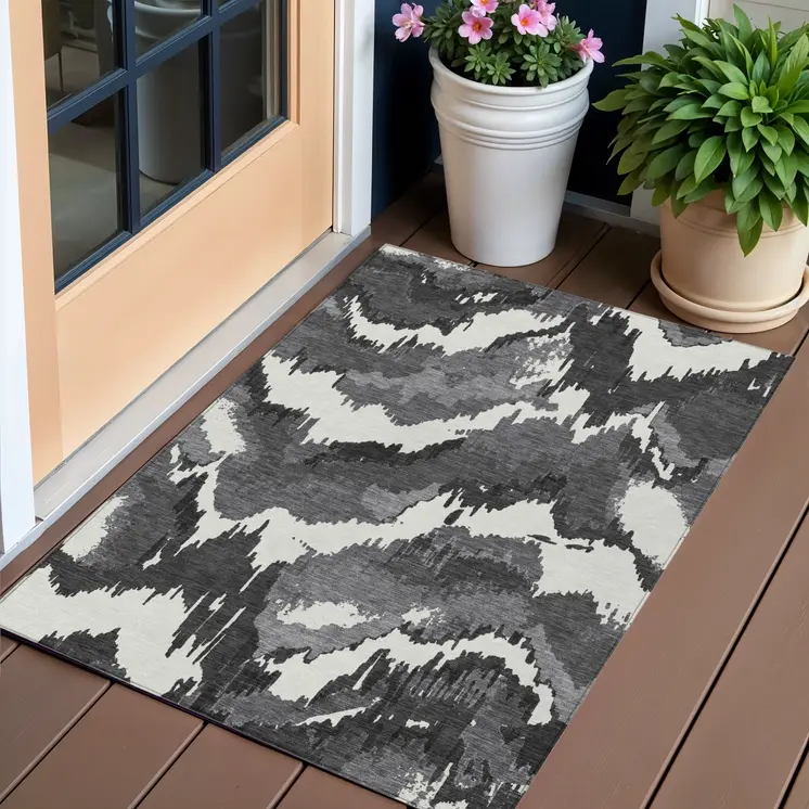 3' X 5' Black Gray And Charcoal Abstract Washable Indoor Outdoor Area Rug