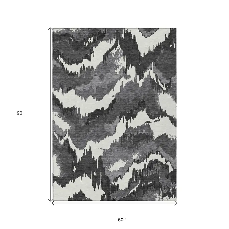 5' X 8' Black Gray And Charcoal Abstract Washable Indoor Outdoor Area Rug