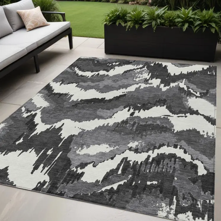 5' X 8' Black Gray And Charcoal Abstract Washable Indoor Outdoor Area Rug