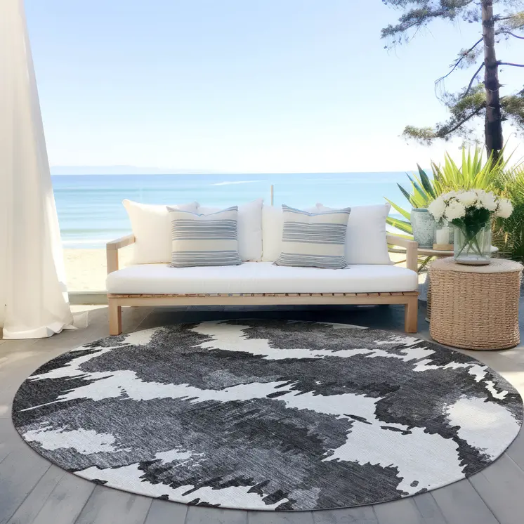 8' Black Gray And Charcoal Round Abstract Washable Indoor Outdoor Area Rug