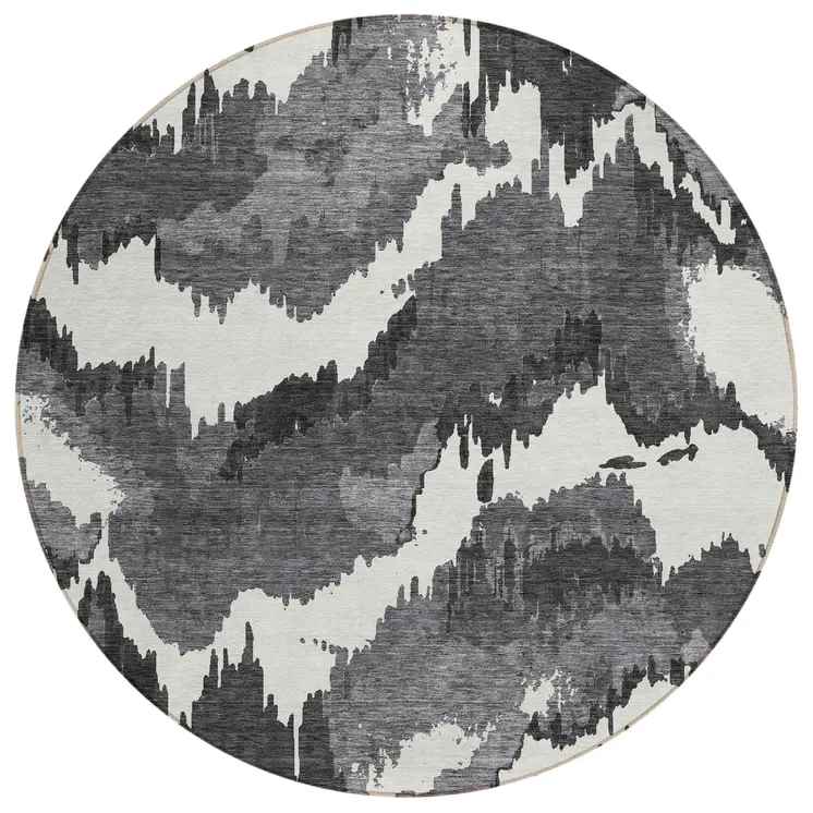8' Black Gray And Charcoal Round Abstract Washable Indoor Outdoor Area Rug