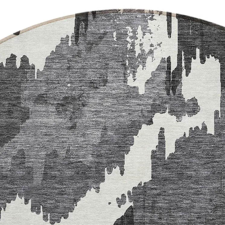 8' Black Gray And Charcoal Round Abstract Washable Indoor Outdoor Area Rug