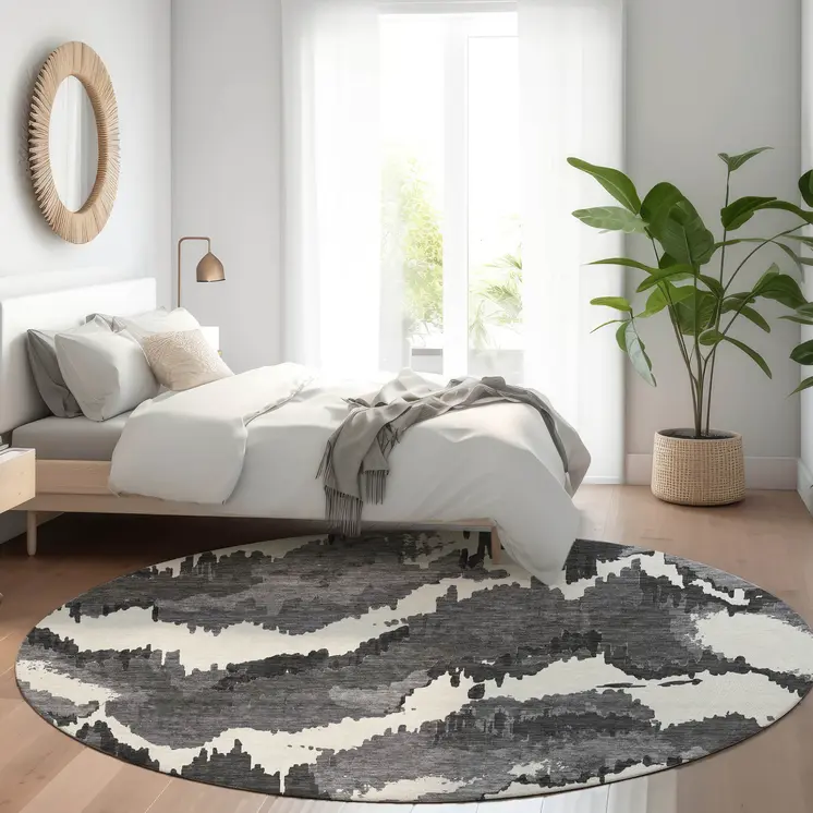 8' Black Gray And Charcoal Round Abstract Washable Indoor Outdoor Area Rug