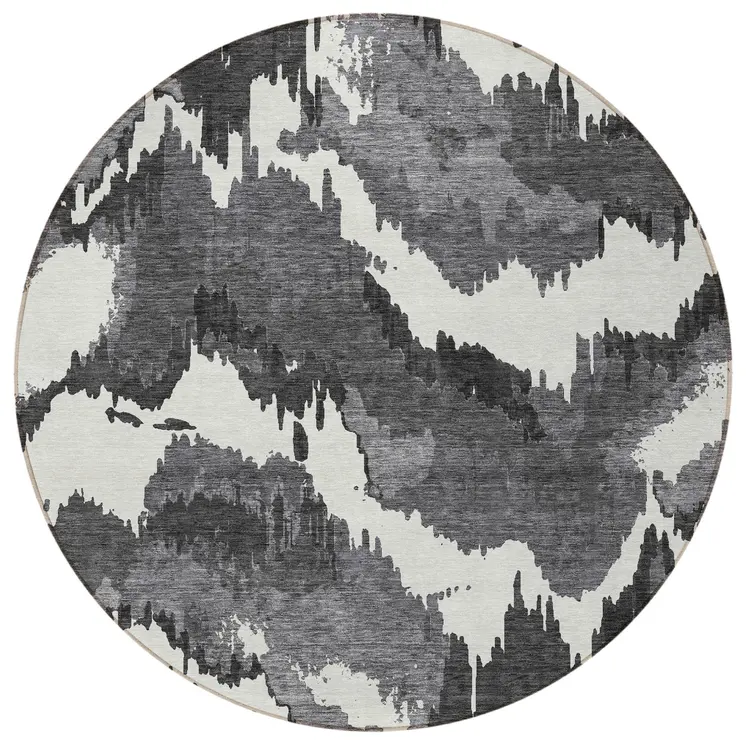 8' Black Gray And Charcoal Round Abstract Washable Indoor Outdoor Area Rug