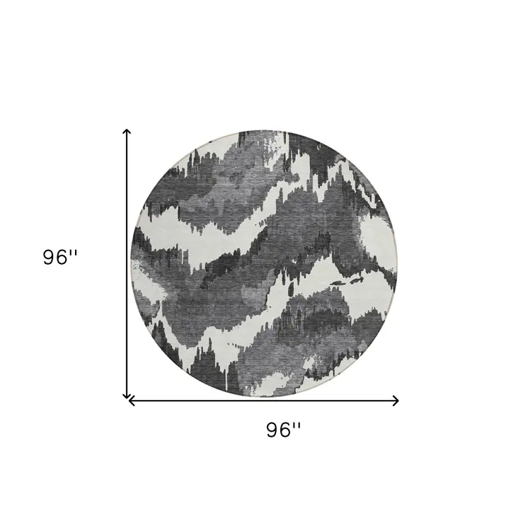 8' Black Gray And Charcoal Round Abstract Washable Indoor Outdoor Area Rug