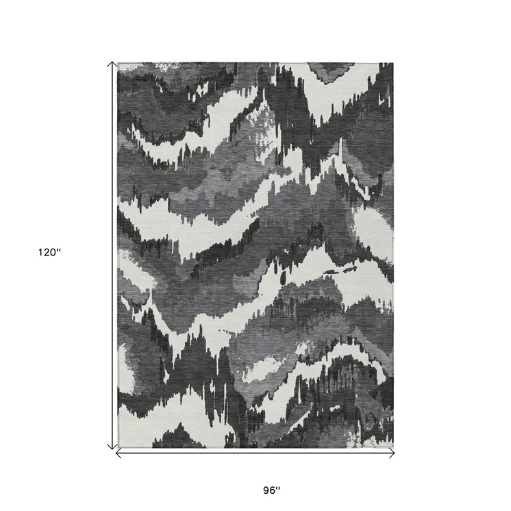 8' X 10' Black Gray And Charcoal Abstract Washable Indoor Outdoor Area Rug