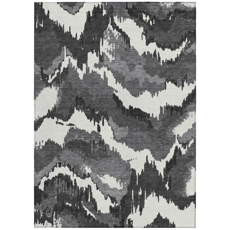 9' X 12' Black Gray And Charcoal Abstract Washable Indoor Outdoor Area Rug