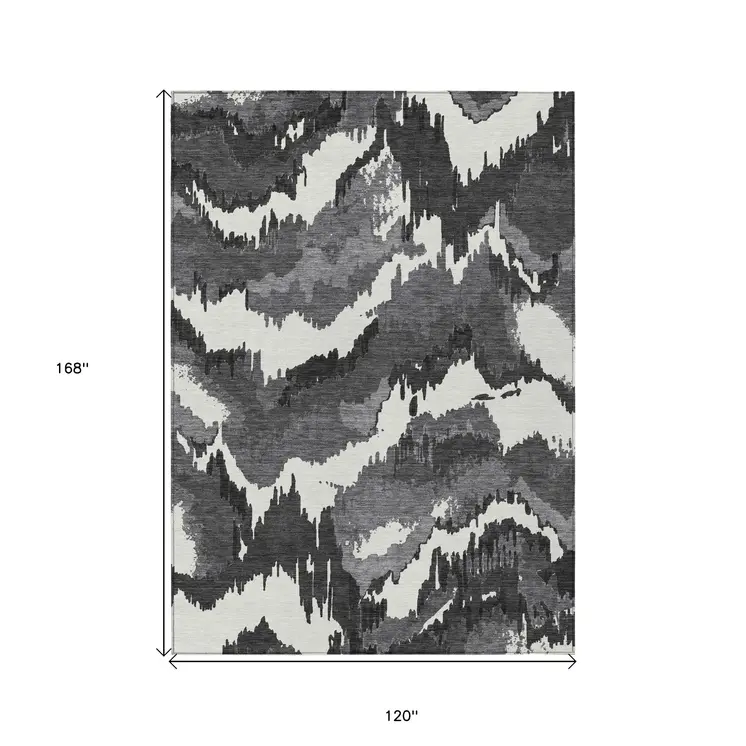 10' X 14' Black Gray And Charcoal Abstract Washable Indoor Outdoor Area Rug