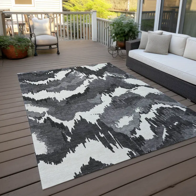 10' X 14' Black Gray And Charcoal Abstract Washable Indoor Outdoor Area Rug