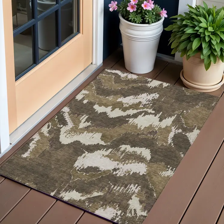 3' X 5' Brown Beige And Taupe Abstract Washable Indoor Outdoor Area Rug