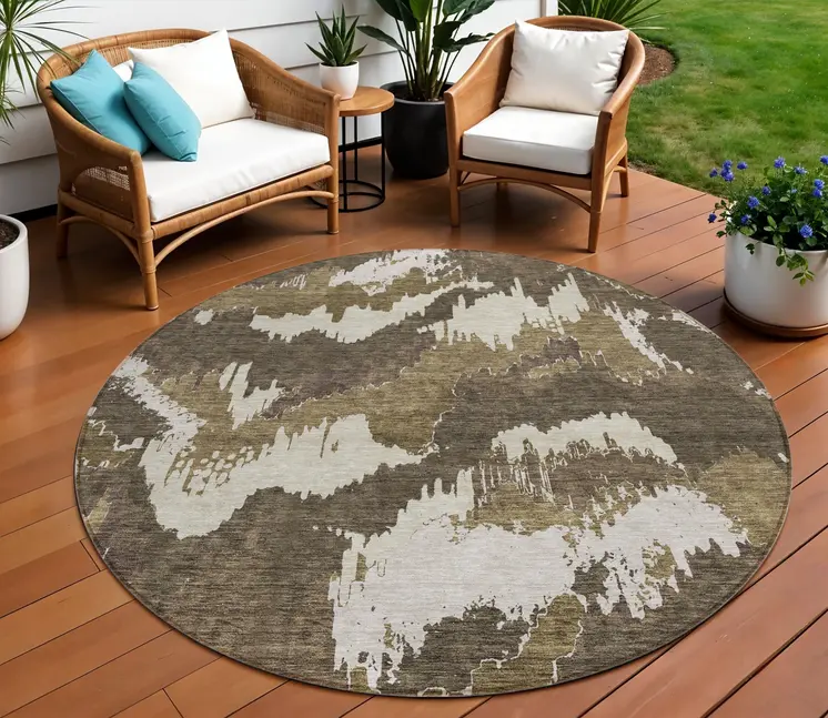 8' Brown Beige And Taupe Round Abstract Washable Indoor Outdoor Area Rug