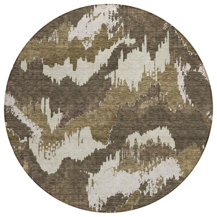 8' Brown Beige And Taupe Round Abstract Washable Indoor Outdoor Area Rug