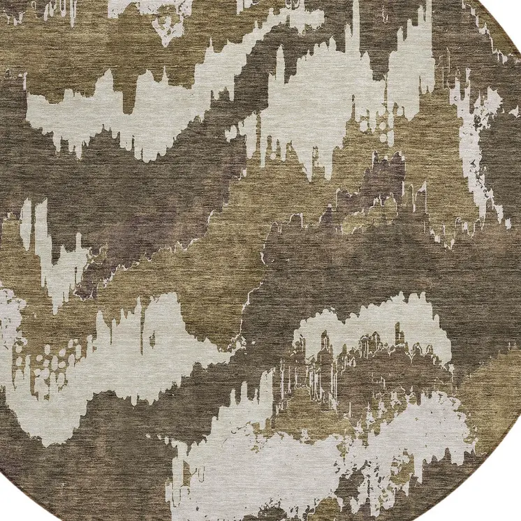8' Brown Beige And Taupe Round Abstract Washable Indoor Outdoor Area Rug
