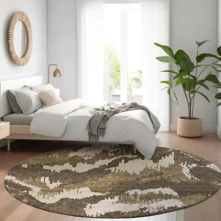 8' Brown Beige And Taupe Round Abstract Washable Indoor Outdoor Area Rug