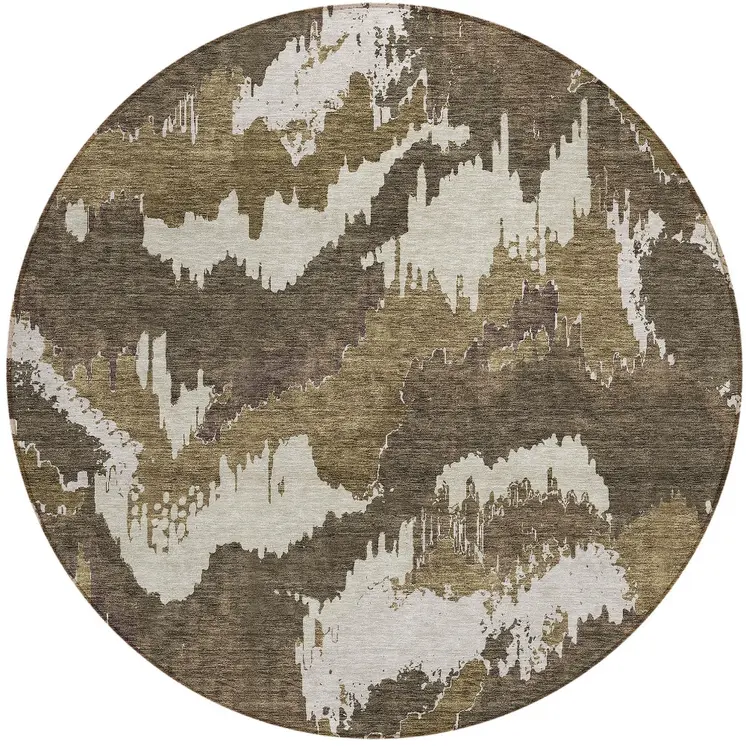 8' Brown Beige And Taupe Round Abstract Washable Indoor Outdoor Area Rug