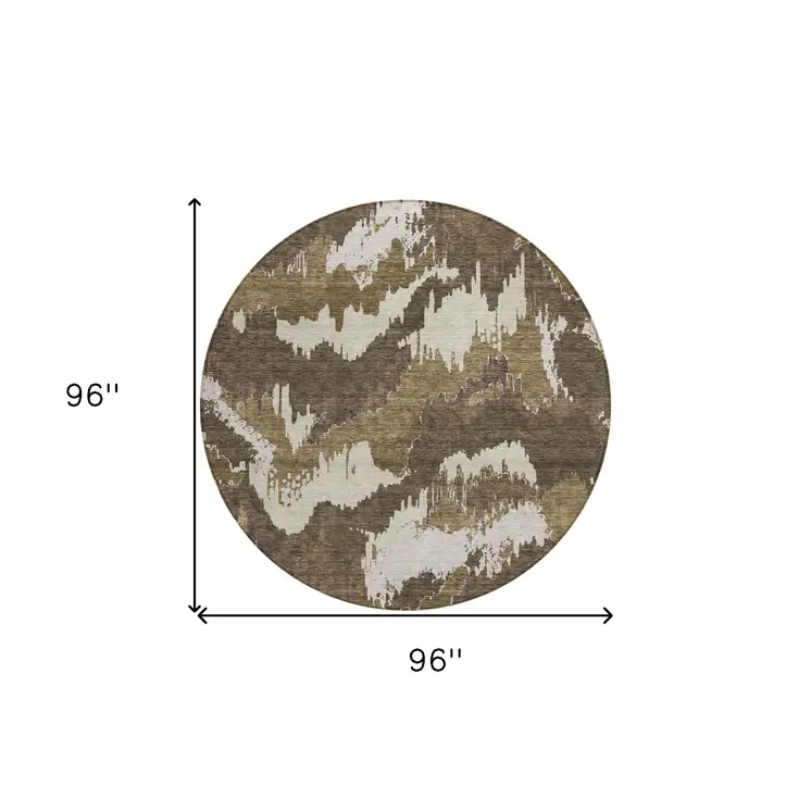 8' Brown Beige And Taupe Round Abstract Washable Indoor Outdoor Area Rug
