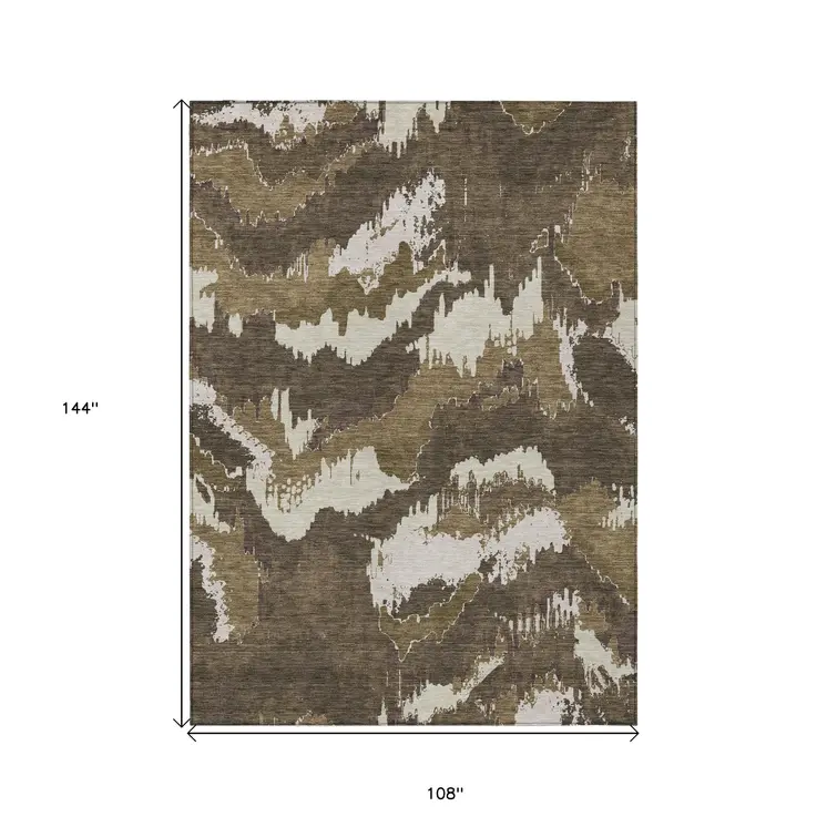 9' X 12' Brown Beige And Taupe Abstract Washable Indoor Outdoor Area Rug