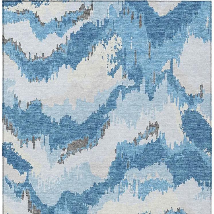 3' X 5' Sky Blue And Denim Blue Abstract Washable Indoor Outdoor Area Rug