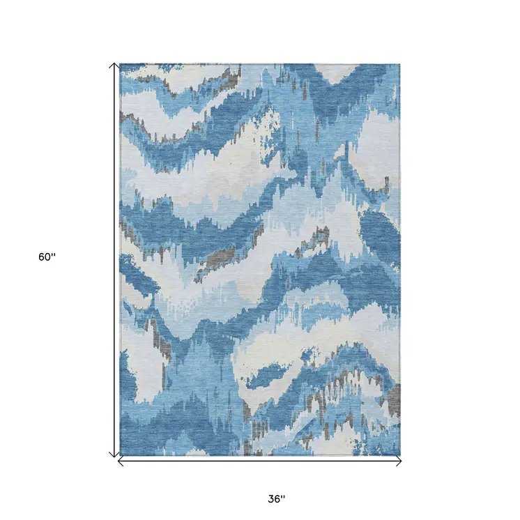 3' X 5' Sky Blue And Denim Blue Abstract Washable Indoor Outdoor Area Rug