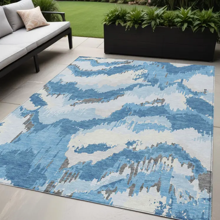 5' X 8' Sky Blue And Denim Blue Abstract Washable Indoor Outdoor Area Rug