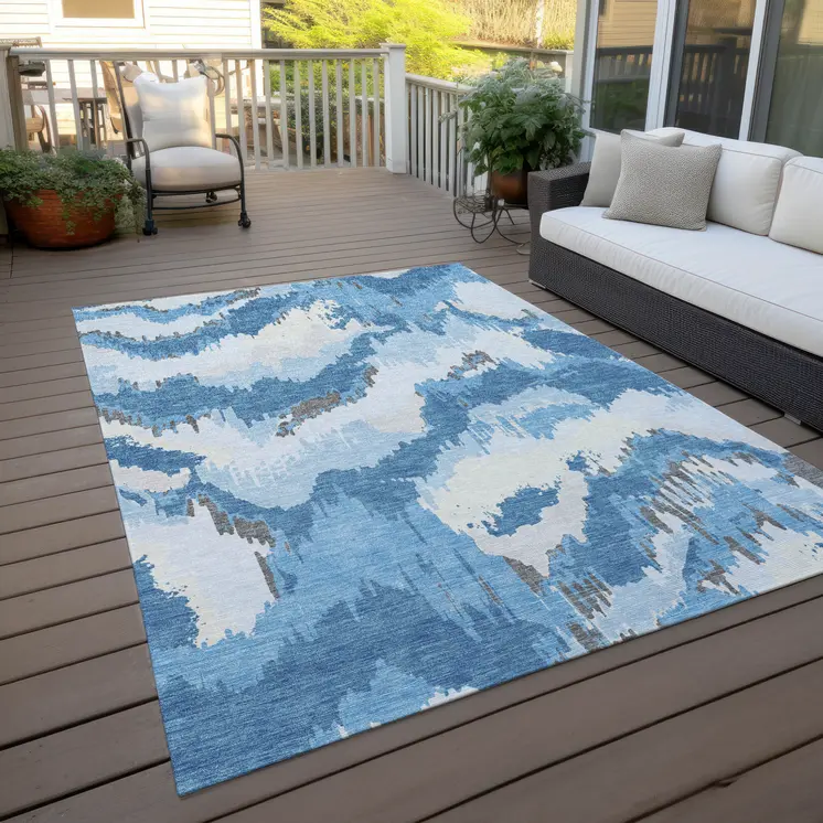 5' X 8' Sky Blue And Denim Blue Abstract Washable Indoor Outdoor Area Rug