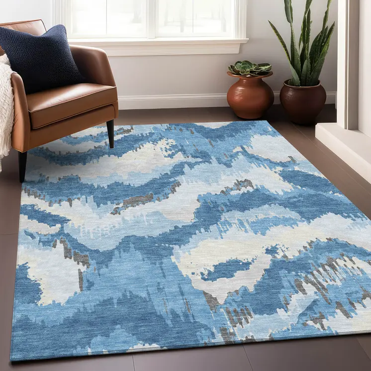 5' X 8' Sky Blue And Denim Blue Abstract Washable Indoor Outdoor Area Rug