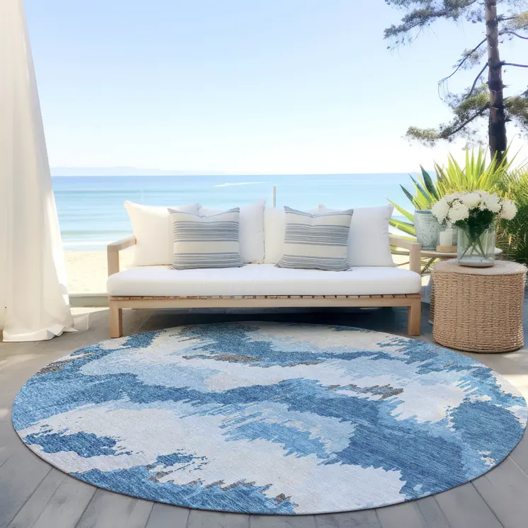 8' Sky Blue And Denim Blue Round Abstract Washable Indoor Outdoor Area Rug