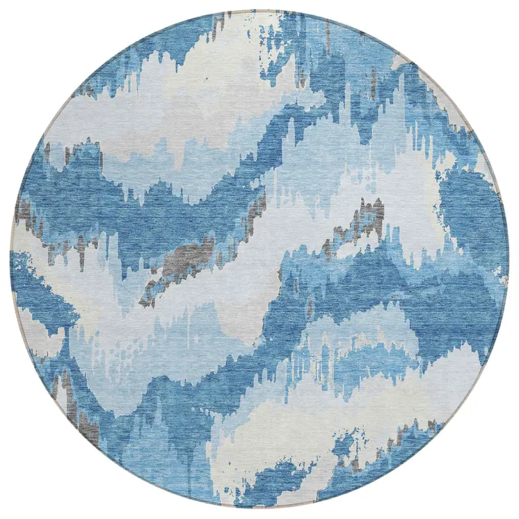 8' Sky Blue And Denim Blue Round Abstract Washable Indoor Outdoor Area Rug