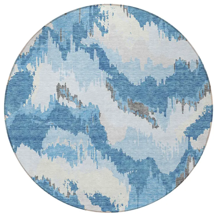 8' Sky Blue And Denim Blue Round Abstract Washable Indoor Outdoor Area Rug