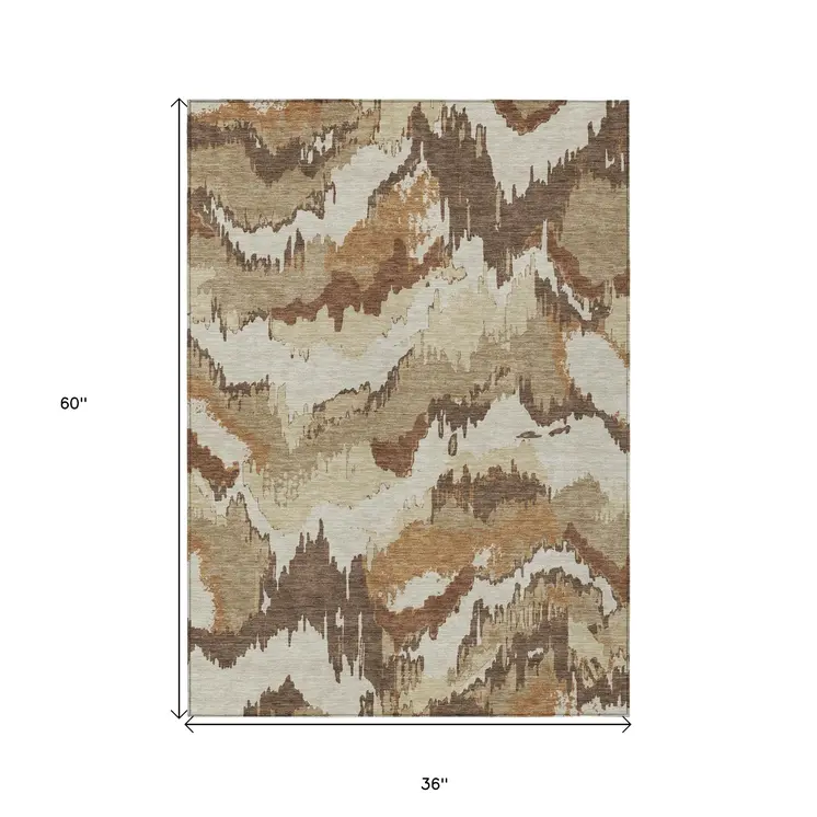 3' X 5' Brown And Beige Abstract Washable Indoor Outdoor Area Rug