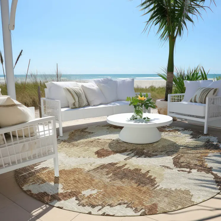 8' Brown And Beige Round Abstract Washable Indoor Outdoor Area Rug