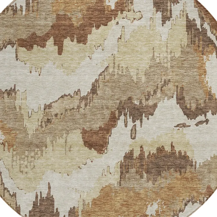 8' Brown And Beige Round Abstract Washable Indoor Outdoor Area Rug