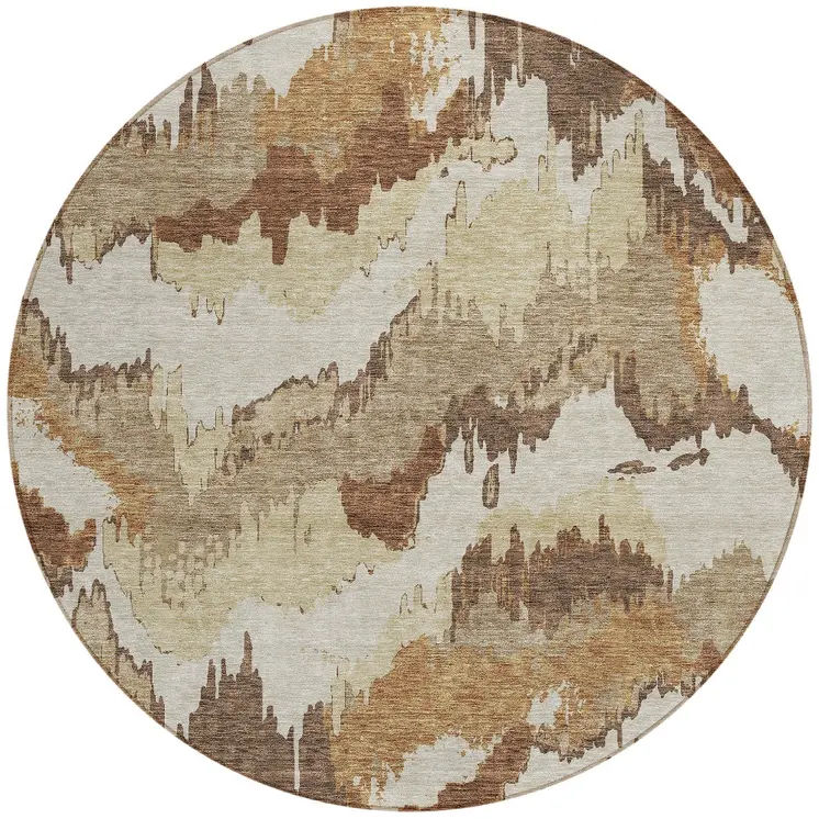 8' Brown And Beige Round Abstract Washable Indoor Outdoor Area Rug