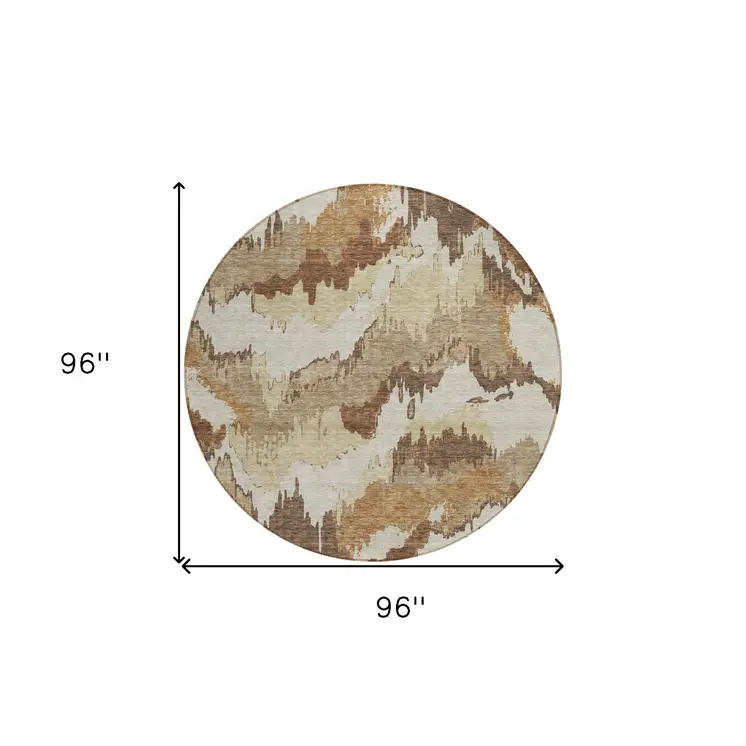 8' Brown And Beige Round Abstract Washable Indoor Outdoor Area Rug