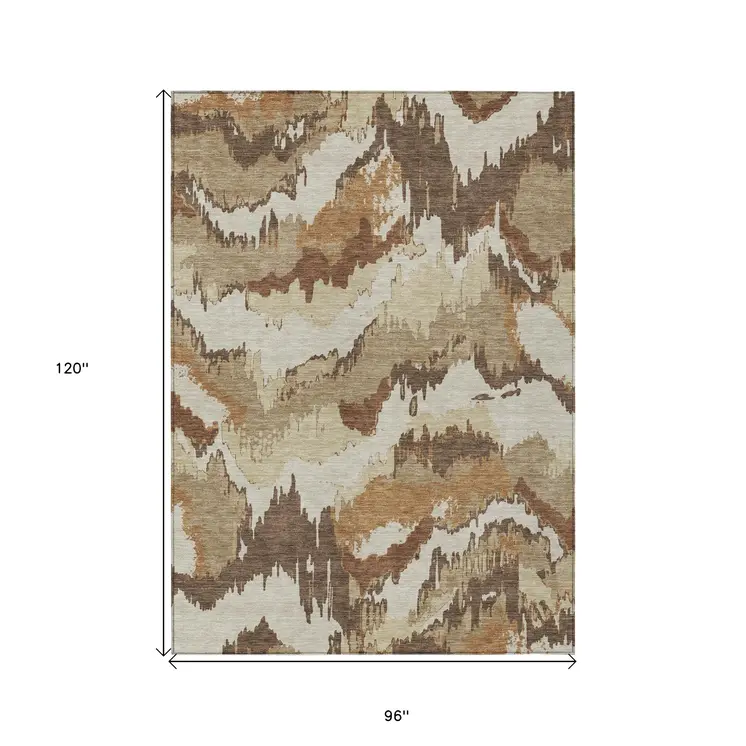 8' X 10' Brown And Beige Abstract Washable Indoor Outdoor Area Rug
