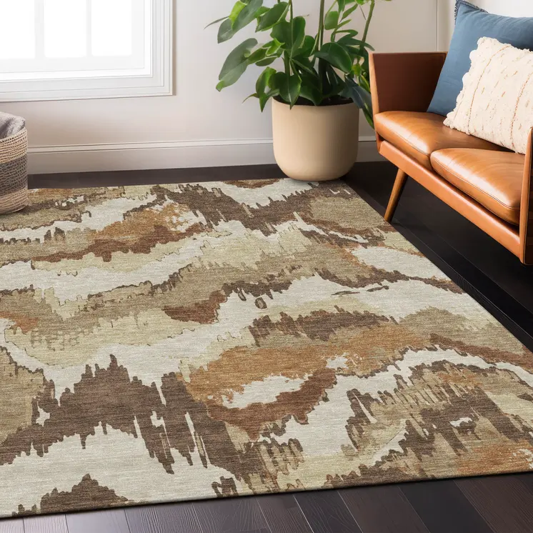 8' X 10' Brown And Beige Abstract Washable Indoor Outdoor Area Rug