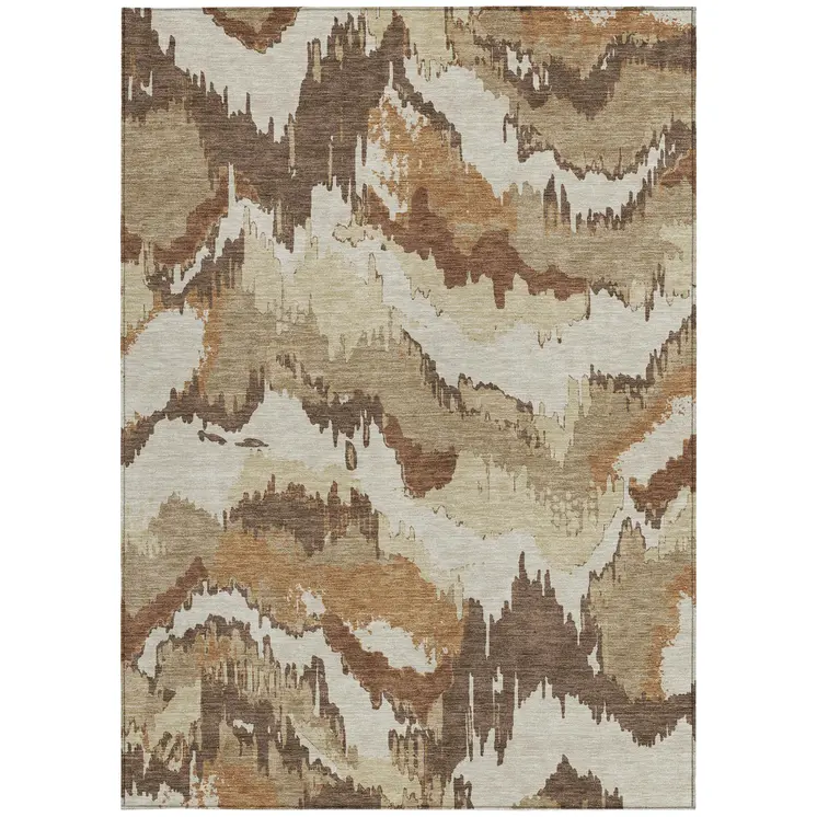 9' X 12' Brown And Beige Abstract Washable Indoor Outdoor Area Rug
