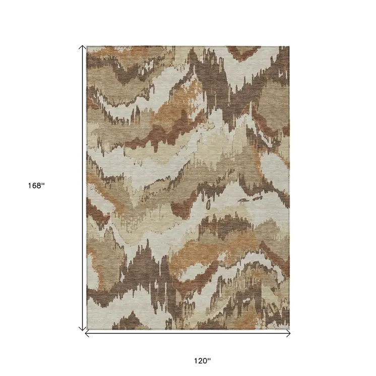 10' X 14' Brown And Beige Abstract Washable Indoor Outdoor Area Rug